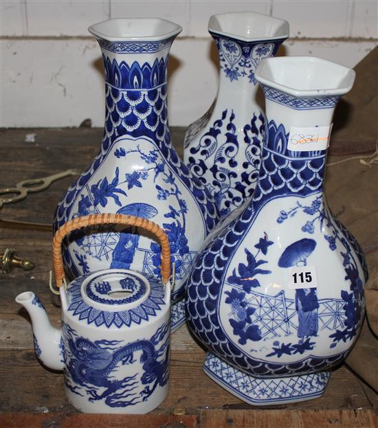 Pair modern Chinese style blue and white octagonal baluster vases, one other vase and a teapot (4)